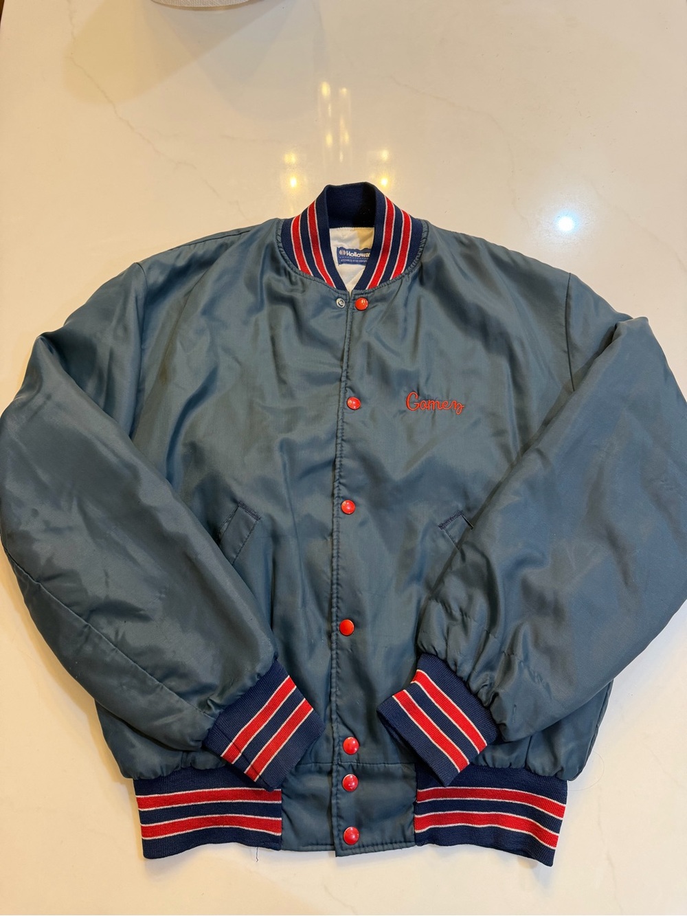 Classic Men's Blue Satin Bomber Jacket with Red Trim